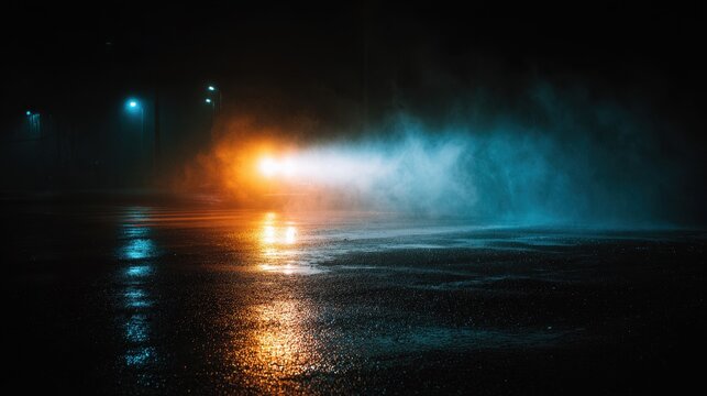 Foggy night scene with headlights illuminating wet pavement and low visibility in urban area