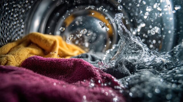 Washing machine in action with water splashing on colorful towels during laundry time