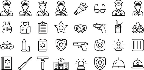Police And Law Enforcement Line Icons Set Featuring Officers Weapons Badges Car And Security Gear For Crime Prevention Vector Design © TOP-designer