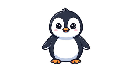 Obraz premium Cute cartoon baby penguin with black and white feathers, orange beak and feet, standing illustration isolated PNG with Transparent Background