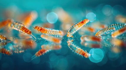 Tiny aquatic creatures swim in clear water with colorful reflections and blurred background