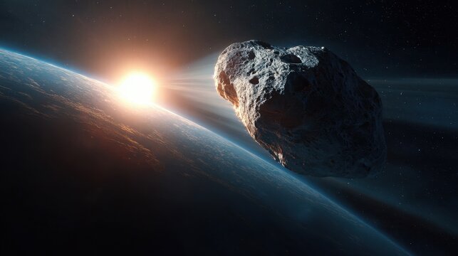Asteroid approaches Earth during sunrise in outer space