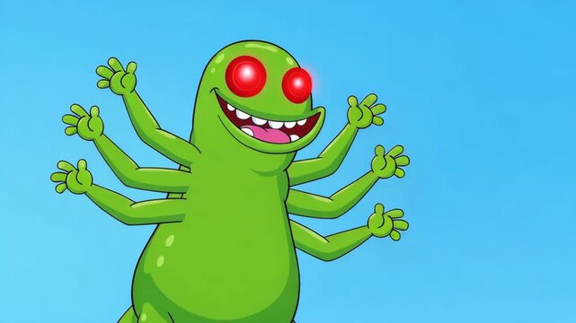 Cartoon green alien with multiple arms and glowing red eyes on a blue background animated creature character design for kids content and fantasy elements
