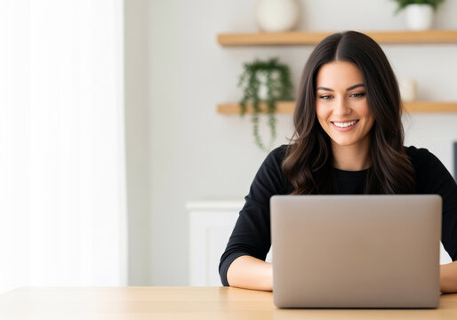 Remote work freelancer reviewing client messages at a home workspace, smiling woman managing project updates and service inquiries for flexible telecommuting, planning and scheduling
