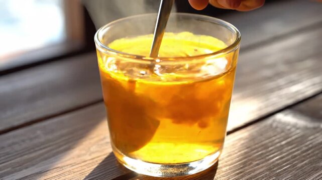 4K close-up shot of glass cup filled with turmeric water while silver spoon stirs in it.