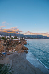Nerja Cliff Houses Boats Sunset Glow