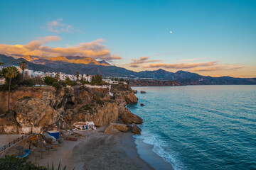 Nerja Cliff Houses Boats Sunset Glow