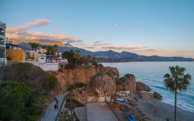 Nerja Cliff Houses Boats Sunset Glow