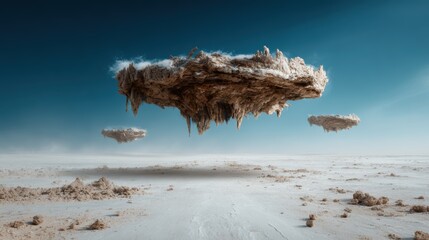 An imaginative floating rock formation hovers above a dusty, barren landscape, creating a surreal, dreamlike atmosphere that sparks curiosity in viewers and evokes imagination.