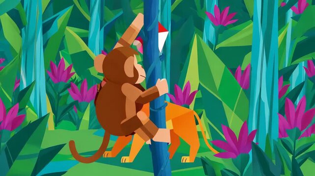 Cartoon monkey climbs tree with lion in jungle animation