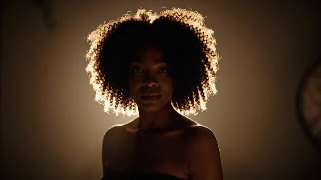 Backlit silhouette portrait of a woman with curly hair.