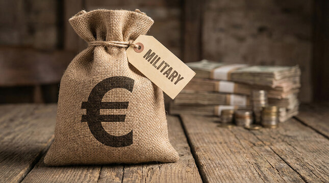 A burlap sack labeled military with a euro symbol sits on a wooden table next to stacks of cash and coins.