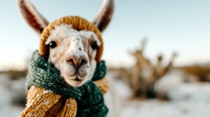 Fototapeta premium A whimsical portrait of a llama adorned with a colorful scarf and hat, set against a serene winter backdrop, blending humor with the beauty of animal companionship in nature.
