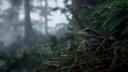 Obraz premium Frog sitting on a patch of grass in a forest during a rainy day while observing surroundings