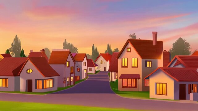 Cartoon suburb street animation at sunset peaceful neighborhood view
