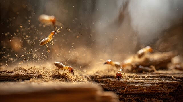 Termites are flying over wood and soil in a forest during the late afternoon sunlight