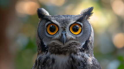 Fototapeta premium Owl looking at the camera. Beautiful owl with orange eyes.