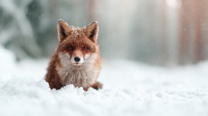 Naklejka premium A solitary red fox stands gracefully amid soft snowflakes that dance in the chilly air, showcasing the stunning beauty of wildlife in a winter landscape.