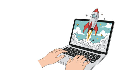 Creative concept of a digital startup shows a space rocket launching directly from the screen of a laptop computer into a cloudy blue sky.