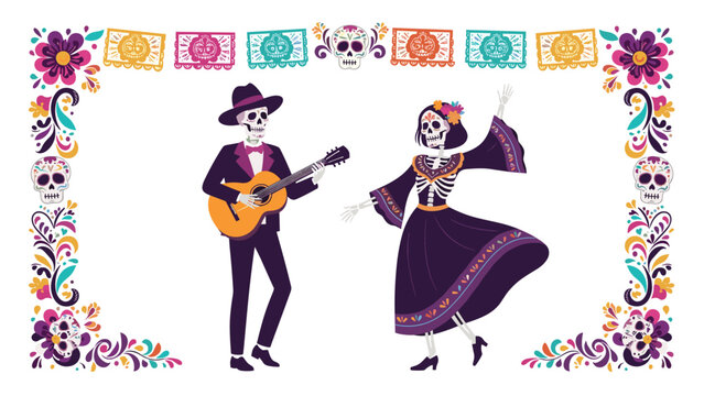 Festive skeletons dressed in traditional Mexican attire celebrate the Day of the Dead by dancing and playing guitar within a decorative floral frame.