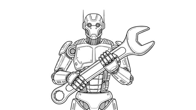 Detailed line art illustration depicts a futuristic robot worker holding a massive mechanical wrench as if ready for repairs.