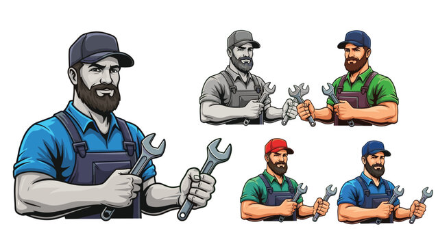 Set of friendly mechanic or worker characters in different colors and styles holding large wrenches ready for professional service.