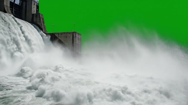 Powerful water cascading down from a dam, creating a massive spray, captured from a close-up viewpoint in a dynamic environment.
