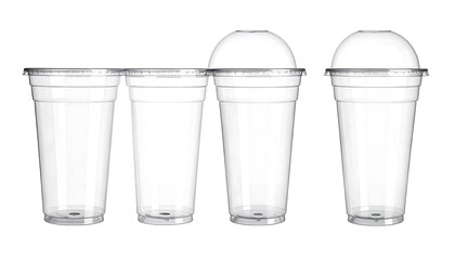 Four clear disposable plastic cups with lids isolated on a white background, studio shot