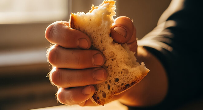 Humble Sustenance: Hand Grasping Fresh, Rustic Bread in Warm Light