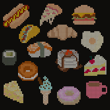 Cross-stitch embroidery food and dessert on black background.
Set of pixel art style embroidered food icons including pizza, burger, sushi, and sweets.
