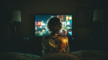 Watching a city skyline on a television while sitting in bed at night in a dark room