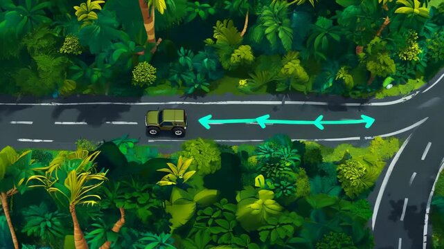 Cartoon vehicle driving through jungle road with arrows pointing both ways