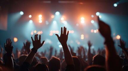 Crowd at music concert with raised hands celebrating the performance during an evening event