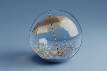 Inside a clear bubble a small umbrella sits surrounded by shiny stones on a blue background