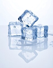 Four clear, square ice cubes stacked with condensation and water droplets on a reflective surface