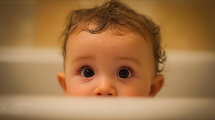 Child playing in bath water with curious expression while peeking over the edge of the tub during evening time