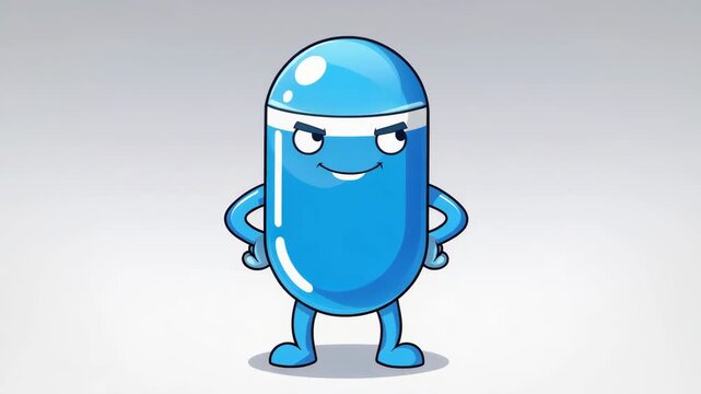 Cheerful blue pill cartoon character animation for healthcare and wellness content