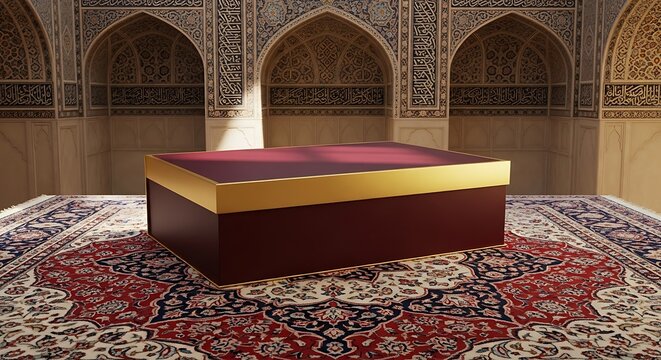 A minimalist red and gold package on an intricately designed rug inside a beautifully arched building