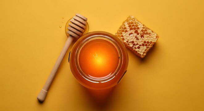 Golden Honey in a Jar with Honeycomb and Dipper on Yellow Background.