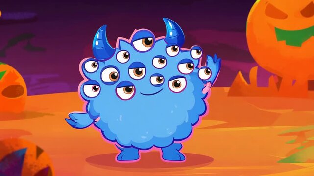 Cheerful halloween monster cartoon animation with multiple eyes and horns for kids educational videos and holiday greetings