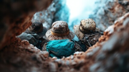 A group of soldiers in camouflage gear sit poised, ready for their next mission, symbolizing teamwork, preparation, and the challenges faced in the field.