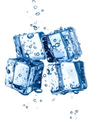 Four clear, square ice cubes with water droplets against a clean, white background