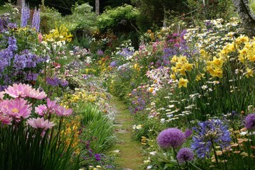 Fototapeta premium Lush garden path featuring colorful wildflowers, creating a vibrant and inviting outdoor space perfect for backgrounds