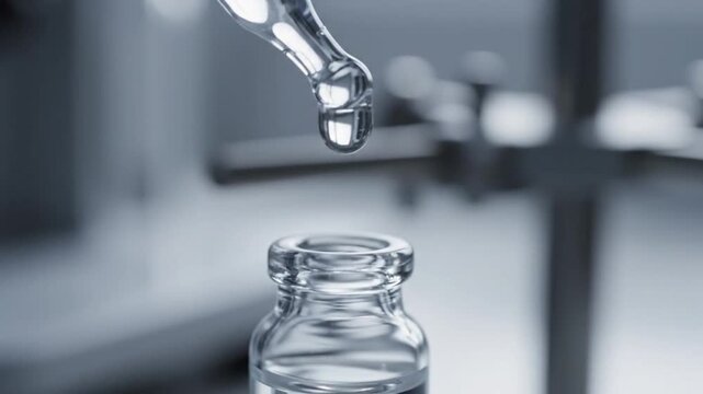 Close Up Dropping Liquid Into Glass Bottle In Laboratory.