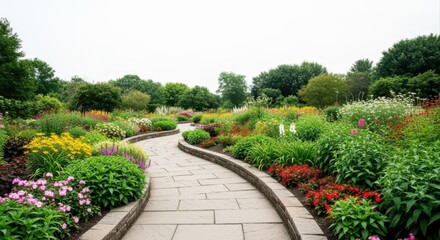Obraz premium Lush Botanical Garden with Winding Stone Path Surrounded by Vibrant Flowers and Greenery on Sunny Day