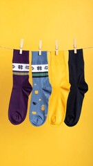 Four colorful socks hang from a line against a bright yellow background