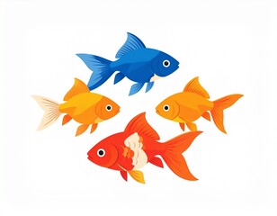 Four colorful, stylized goldfish swimming in a circular arrangement against a white background