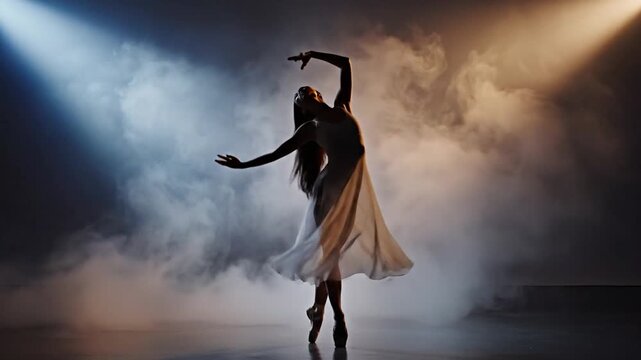 Contemporary Dance Performance in Smoke and Stage Lights.