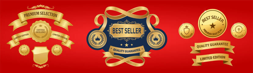 Luxury gold vector badges and ribbons set. Elegant Best Seller labels, Premium Selection banners, and quality guarantee seals on red background. Ideal for retail, awards, and product packaging