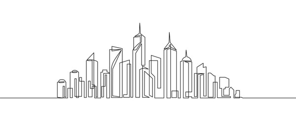 Obraz premium City skyline in one line art style. Cityscape drawing with editable black stroke on white background. Vector illustration.